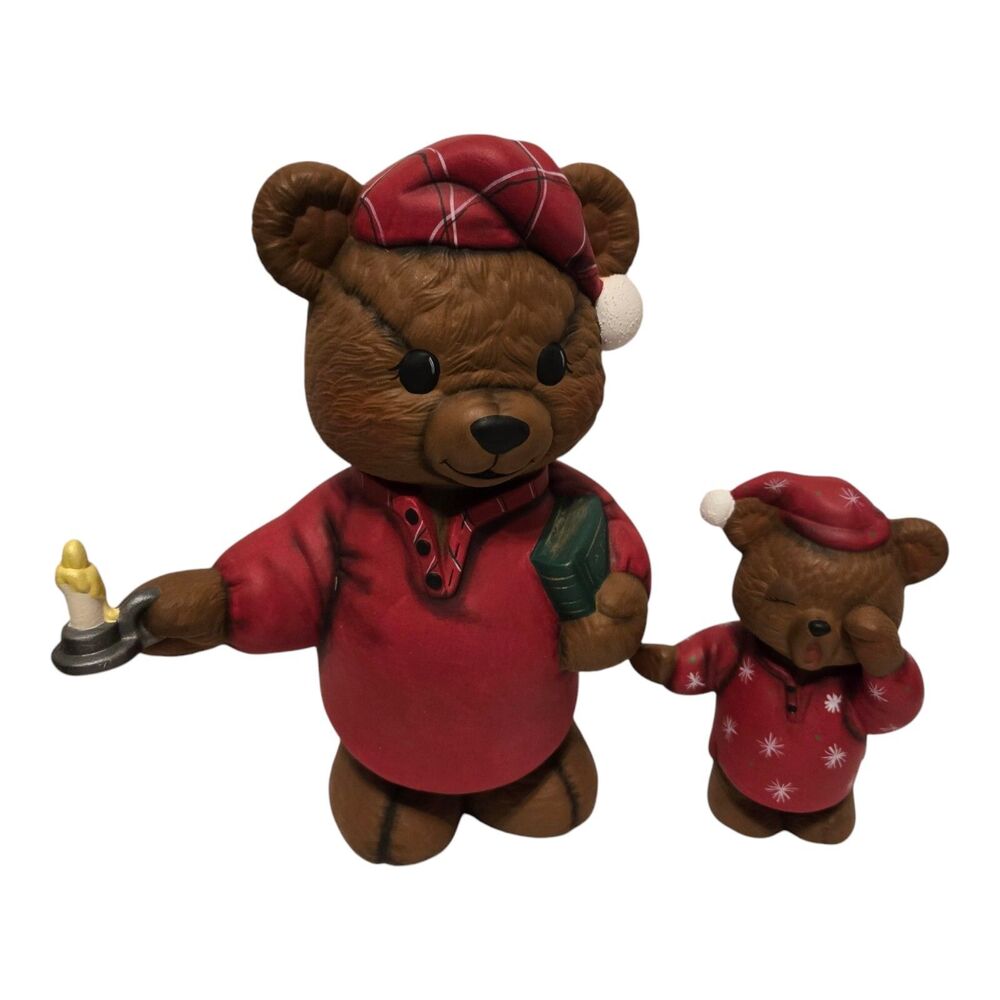 Christmas Bears Wearing Pajamas Ceramic Hand Painted Set Of 2 Dad and Baby Bear
